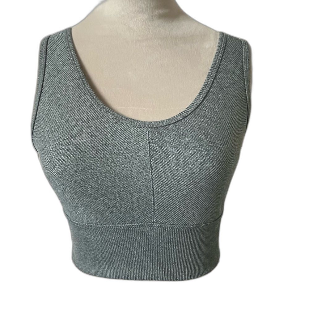 Freely Women's Sports Bra Heather Green Lined Bust Scoop Neck V Back Size Medium